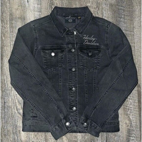 HARLEY DAVIDSON EMBROIDERED WOMEN'S SILVER WING LIGHT INDIGO DENIM JACKET LARGE - Picture 2 of 8